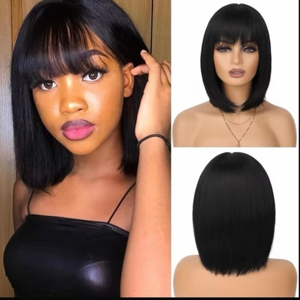 10” short blunt bob with bangs wig synthetic black